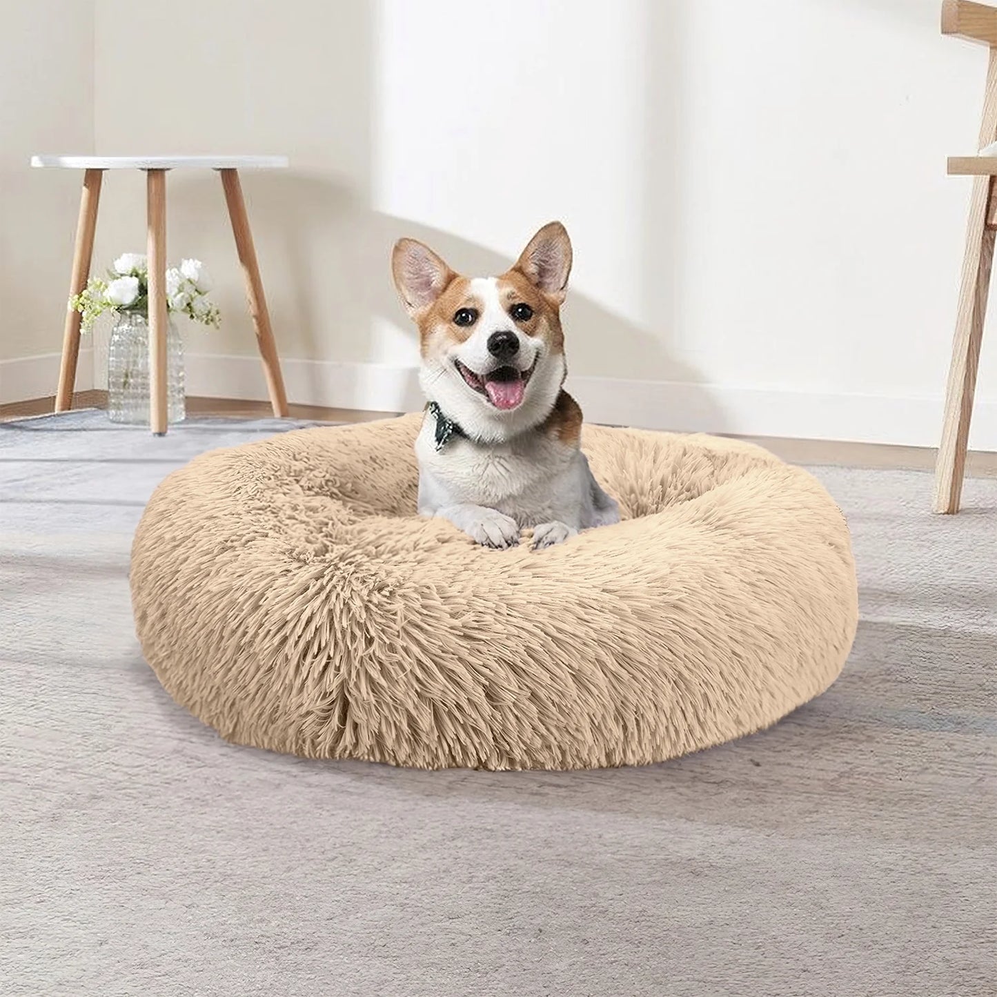 Calming Donut Dog Bed 20" X 20" X 8", Anti-Anxiety Cozy Plush Fluffy round Pet Bed for Small Dogs and Medium/Large Cats, Washable Small Medium Dog Beds with Anti-Slip Bottom, Rice Brown