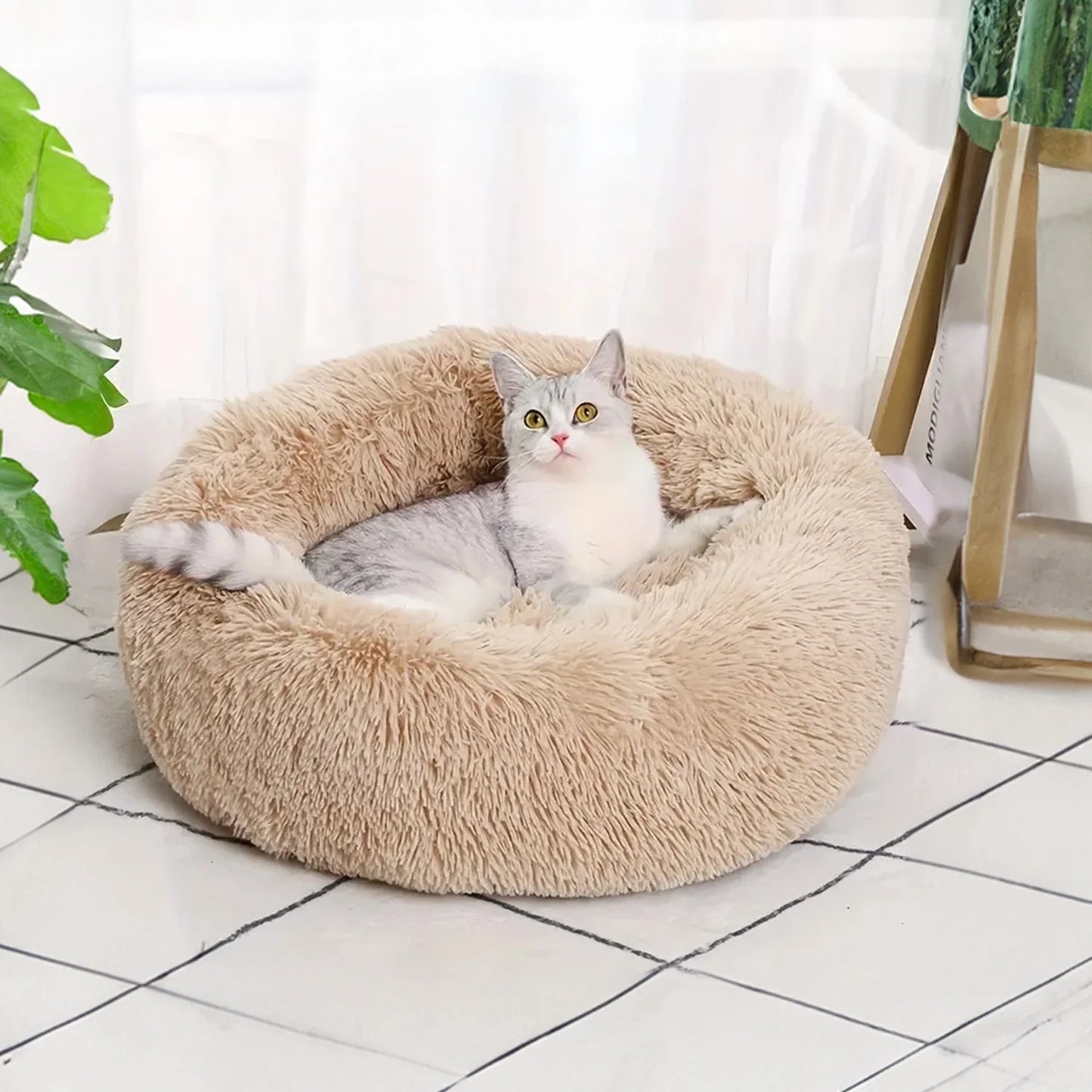 Calming Donut Dog Bed 20" X 20" X 8", Anti-Anxiety Cozy Plush Fluffy round Pet Bed for Small Dogs and Medium/Large Cats, Washable Small Medium Dog Beds with Anti-Slip Bottom, Rice Brown