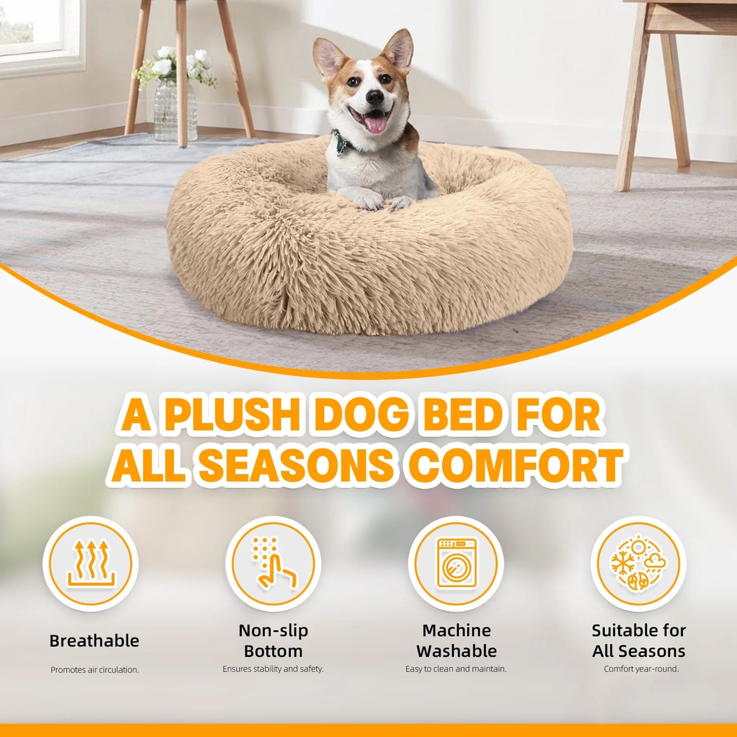 Calming Donut Dog Bed 20" X 20" X 8", Anti-Anxiety Cozy Plush Fluffy round Pet Bed for Small Dogs and Medium/Large Cats, Washable Small Medium Dog Beds with Anti-Slip Bottom, Rice Brown