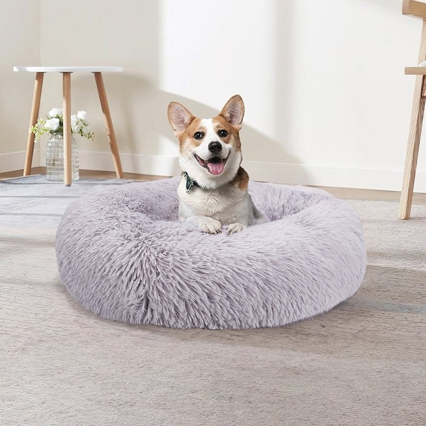 Calming Donut Dog Bed 20" X 20" X 8", Anti-Anxiety Cozy Plush Fluffy round Pet Bed for Small Dogs and Medium/Large Cats, Washable Small Medium Dog Beds with Anti-Slip Bottom, Rice Brown