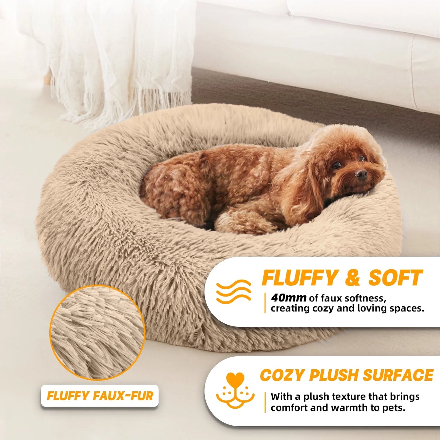 Calming Donut Dog Bed 20" X 20" X 8", Anti-Anxiety Cozy Plush Fluffy round Pet Bed for Small Dogs and Medium/Large Cats, Washable Small Medium Dog Beds with Anti-Slip Bottom, Rice Brown
