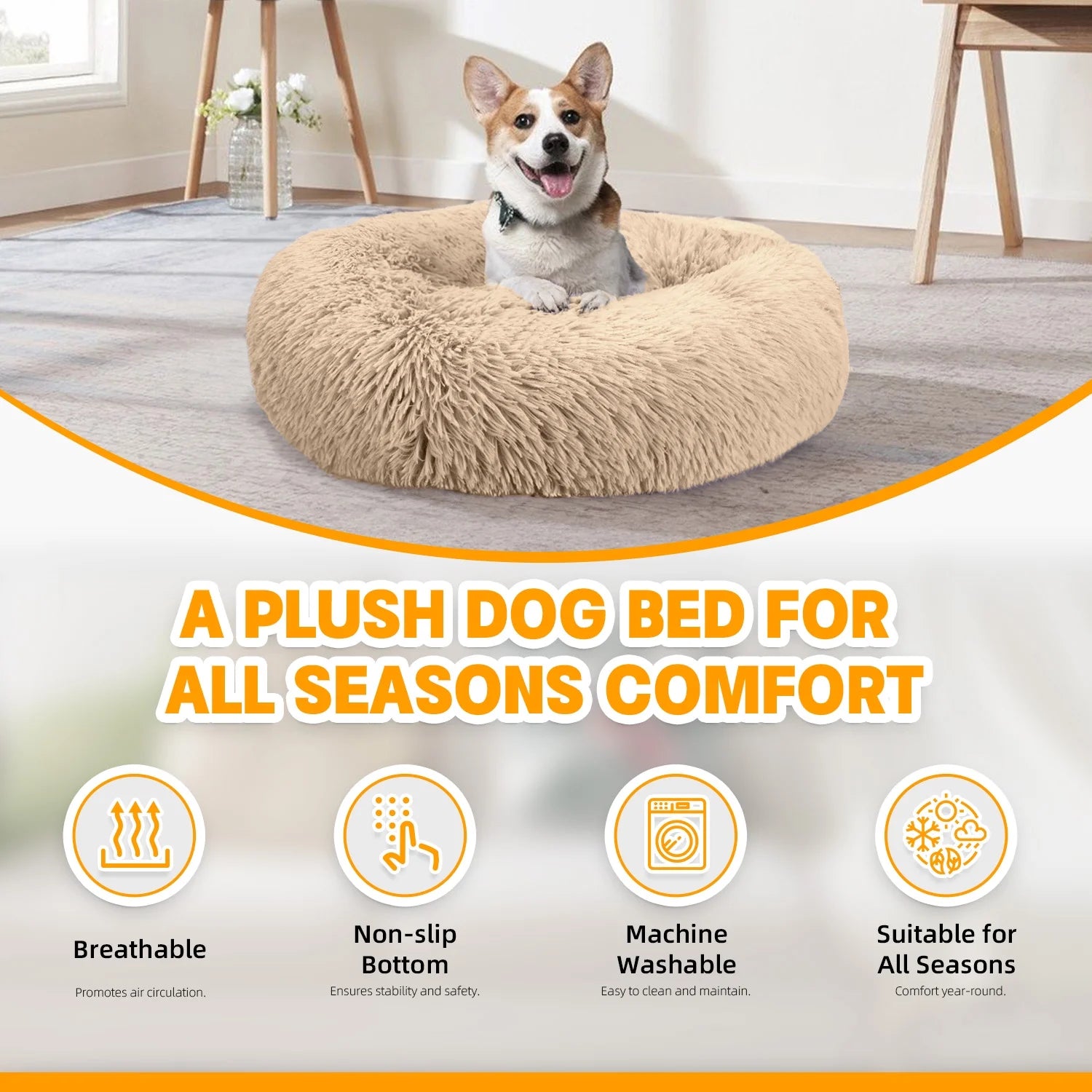 Calming Donut Dog Bed 20" X 20" X 8", Anti-Anxiety Cozy Plush Fluffy round Pet Bed for Small Dogs and Medium/Large Cats, Washable Small Medium Dog Beds with Anti-Slip Bottom, Rice Brown