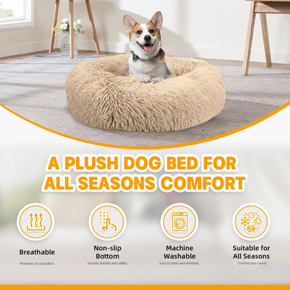 Calming Donut Dog Bed 20" X 20" X 8", Anti-Anxiety Cozy Plush Fluffy round Pet Bed for Small Dogs and Medium/Large Cats, Washable Small Medium Dog Beds with Anti-Slip Bottom, Rice Brown