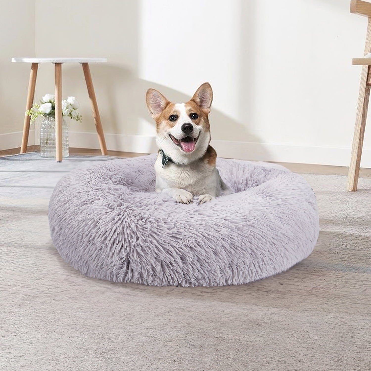 Calming Donut Dog Bed 20" X 20" X 8", Anti-Anxiety Cozy Plush Fluffy round Pet Bed for Small Dogs and Medium/Large Cats, Washable Small Medium Dog Beds with Anti-Slip Bottom, Rice Brown